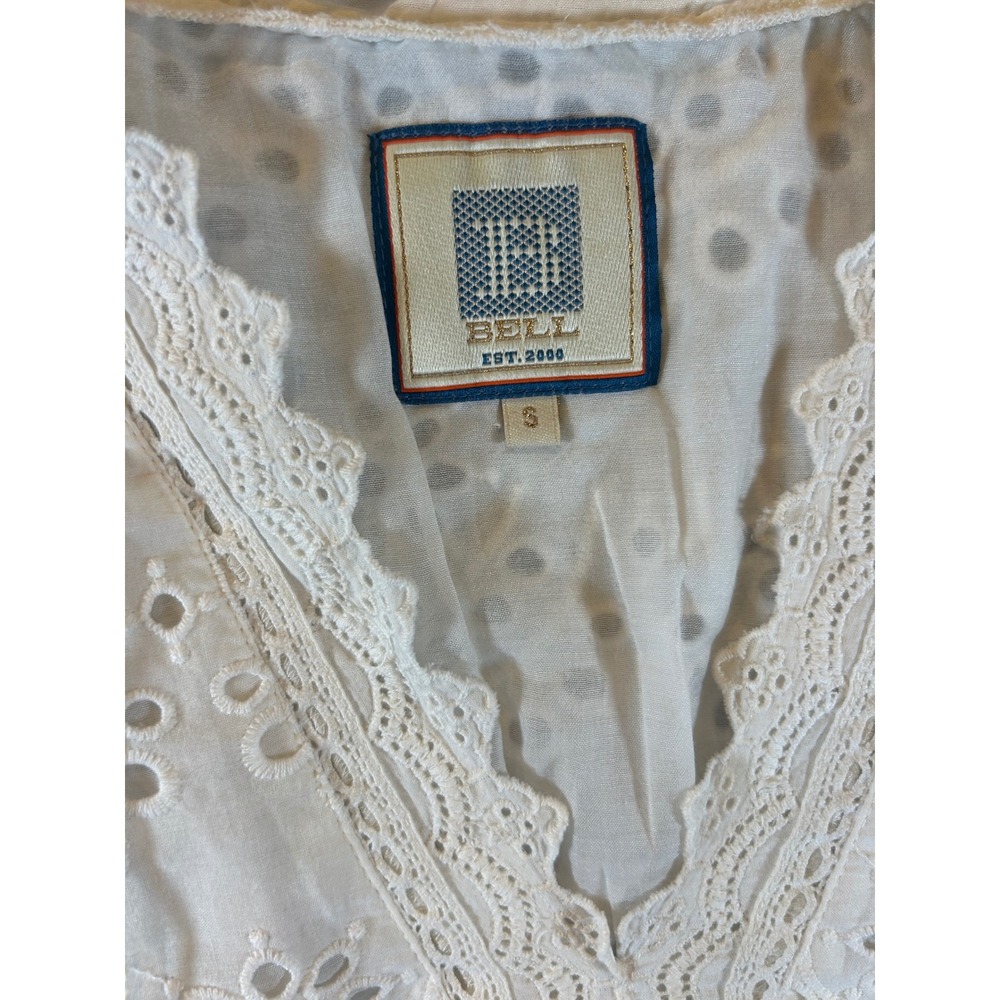 Bell by Alicia Bell White Cotton Eyelet Smocked Mini Dress Tassel Boho Small - Picture 2 of 8